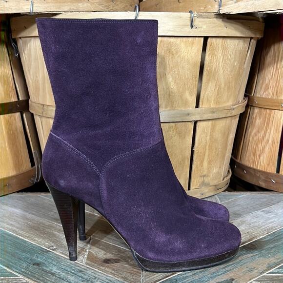 Cole Haan Air Purple Suede Platform Heeled Pump Pull-On Mid Calf Boots Women 8.5 - Picture 1 of 13